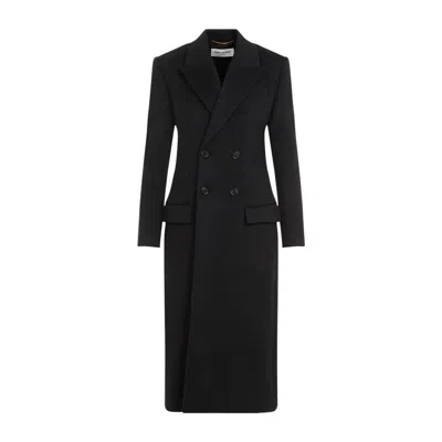 Saint Laurent Double-breasted Brushed Wool And Cashmere-blend Coat In Gray