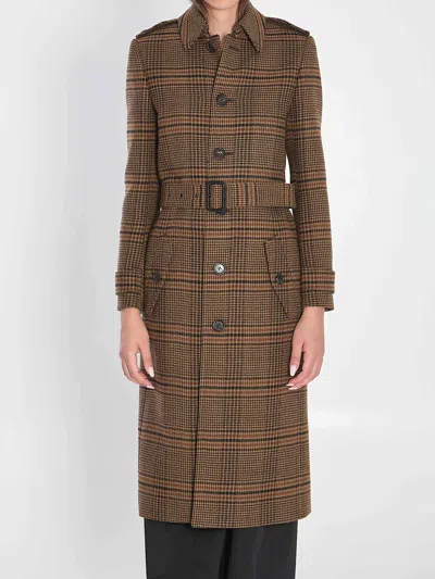Saint Laurent Women Long Coat In Prince Of Wales Wool In Brown