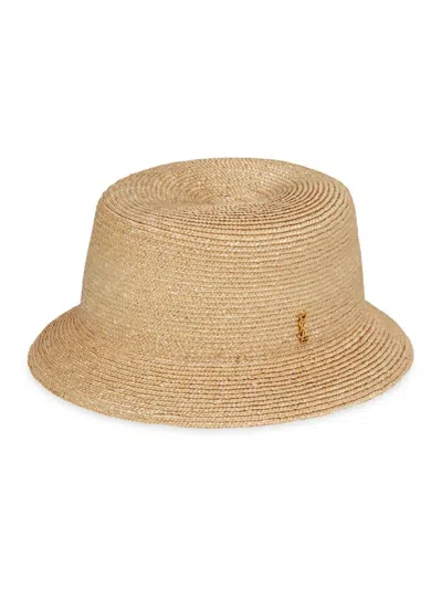 Saint Laurent Logo-plaque Straw Bucket Hat In Beige