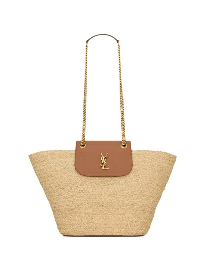 Saint Laurent Raffia Manon Tote Bag Cassandre Chain In Brown
