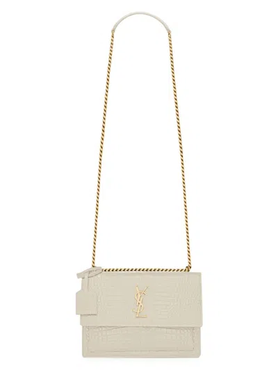 Saint Laurent Women's Medium Sunset Croc-embossed Leather Shoulder Bag In Blanc Vintage