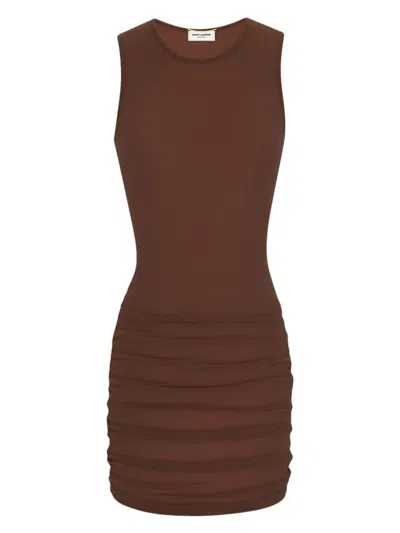 Saint Laurent Sleeveless Tulle Minidress In Marron