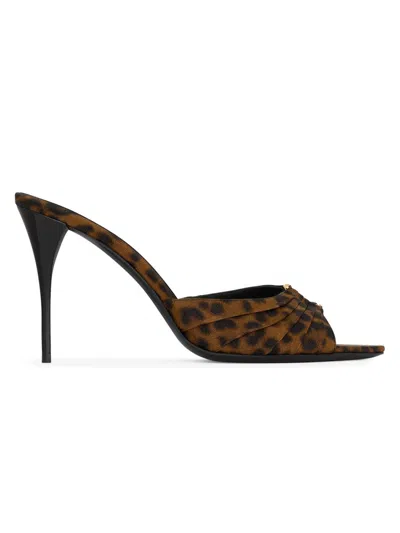 Saint Laurent 90mm Leopard Grosgrain Mule Pumps In Brown