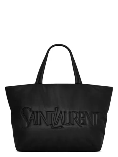 Saint Laurent Logo-debossed Leather Tote Bag In Black