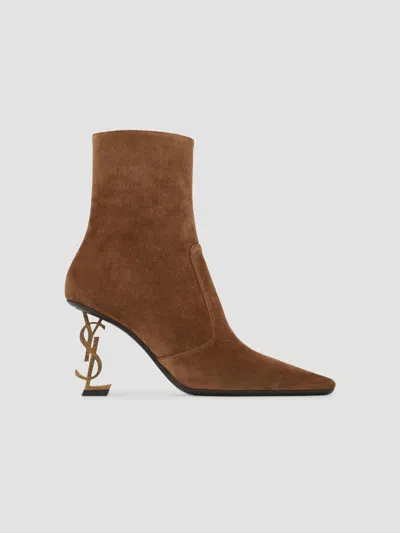 Saint Laurent Women's Opyum Booties In Suede In Dark Havana