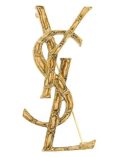 SAINT LAURENT WOMEN'S OPYUM CROCODILE-EFFECT MONOGRAM BROOCH