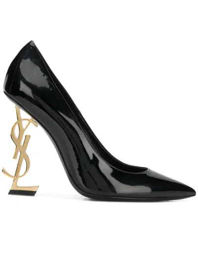 Saint Laurent Patent Leather Pumps With Monogram Heel In Black