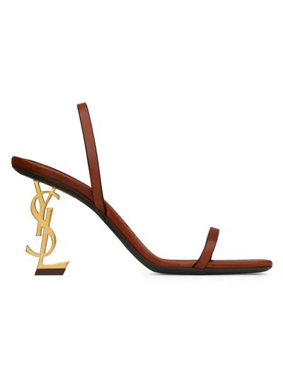 Saint Laurent 85mm Opyum Ysl Leather Sandals With Golden Hardware In Brown