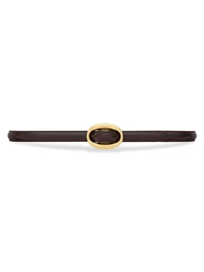 Saint Laurent Women's Oval Buckle Thin Belt In Smooth Leather In Brown