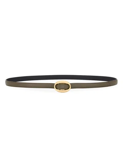 Saint Laurent Women's Oval Buckle Thin Belt In Smooth Leather In Metallic
