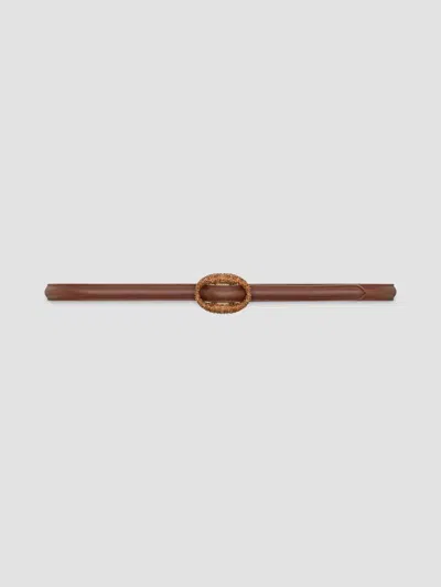 Saint Laurent Women's Oval Buckle Thin Belt In Smooth Leather And Crystals In Brown