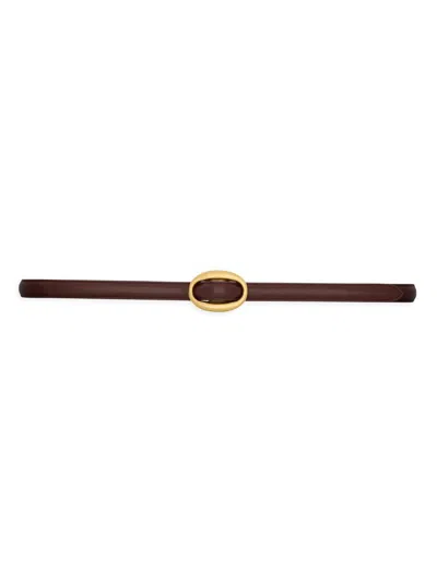 Saint Laurent Women's Oval Buckle Thin Reversible Belt In Smooth Leather In Brown