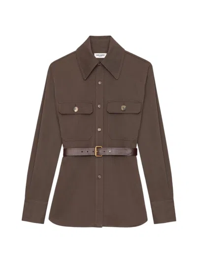 Saint Laurent Leather Belt Overshirt Shirt, Blouse In Dark Brown