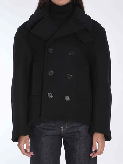 Saint Laurent Women Oversize Pea Coat In Wool In Black