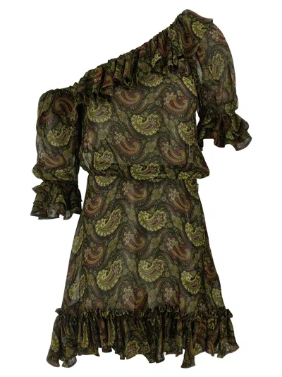 Saint Laurent One Shoulder Paisley Ruffle Dress In Red