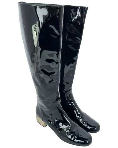 Pre-owned Saint Laurent Women's Patent Leather Glitter Heel Knee-high Boot (authentic  Pre-loved) In Black