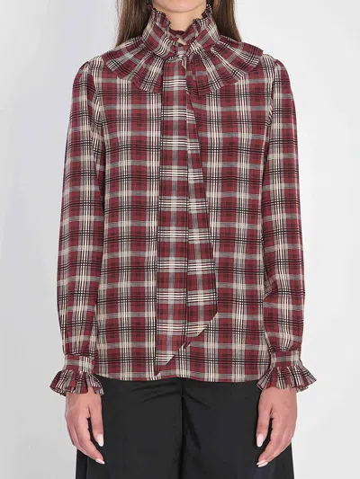 Saint Laurent Silk Blouse With Plaid Pattern And Ruffles In Animal Print