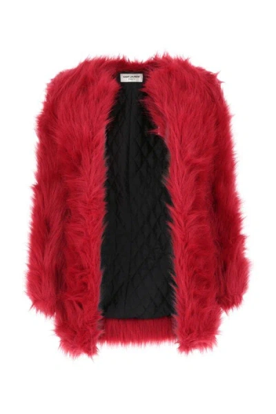 Saint Laurent Women Red Eco Fur Coat In Pink