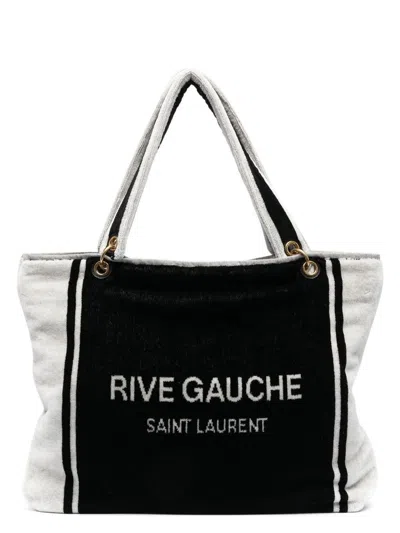 Saint Laurent Rive Gauche Towel Cabas Tote Bag In Nero/bianco/nero