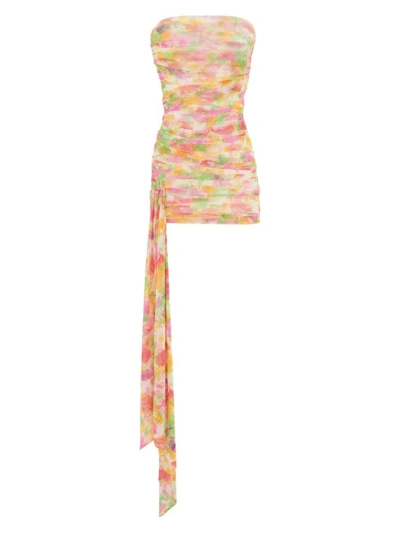 Saint Laurent Women's Ruched Strapless Dress In Floral Tulle In Multicolour
