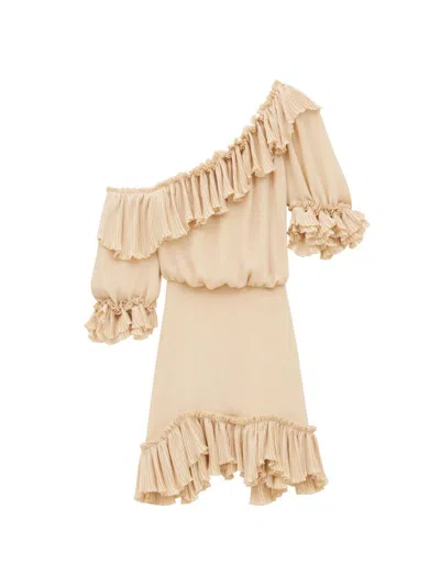 Saint Laurent Women's Ruffled Dress In Silk Crepon Muslin In Neutral