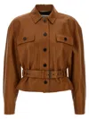Saint Laurent Saharienne Leather Cropped Jacket In Brown