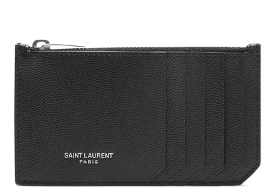 Pre-owned Saint Laurent Women's  5 Fragments Pouch Card Case Grain De Poudre In Black