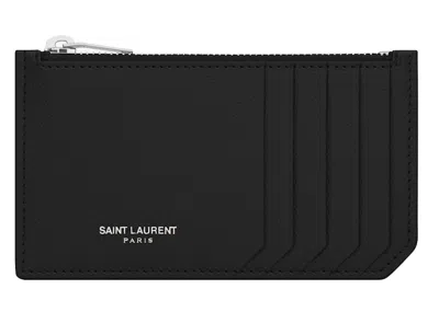 Pre-owned Saint Laurent Women's  5 Fragments Pouch Card Case Grained Leather In Black