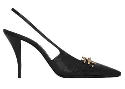 Pre-owned Saint Laurent Women's  Blade Slingback Pump Crocodileembossed Patent Leather Sneakers In Black