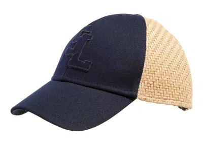 Pre-owned Saint Laurent Women's  Canvas And Raffia Baseball Cap In Navy Blue/taupe