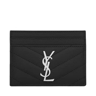 Pre-owned Saint Laurent Women's  Card Case Matelasse Grain De Poudre Silvertone In Black