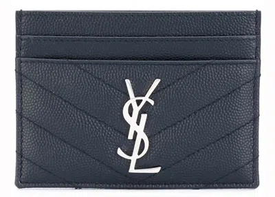 Pre-owned Saint Laurent Women's  Card Case Matelasse Grain De Poudre Silvertone In Navy Blue