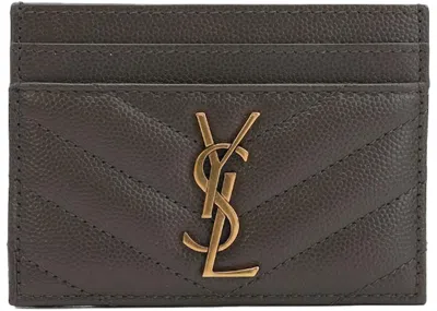 Pre-owned Saint Laurent Women's  Card Case Monogram Grain De Poudre In Pebble Grey