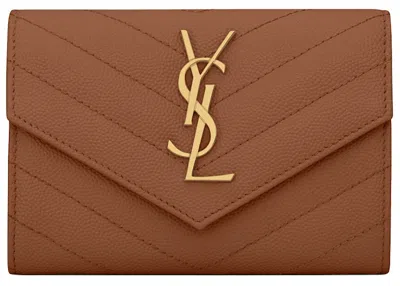 Pre-owned Saint Laurent Women's  Cassandre Grain De Poudre Envelope Wallet Small In Dark Natural