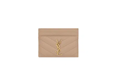 Pre-owned Saint Laurent Women's  Cassandre Matelasse Card Case In Grain De Poudre Embossed Leather In Dark Beig