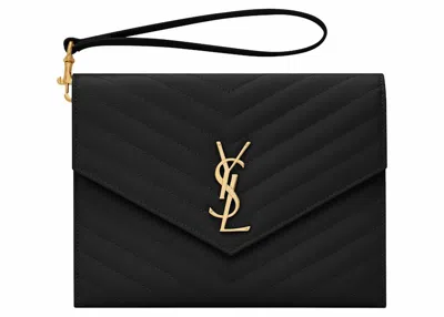 Pre-owned Saint Laurent Women's  Cassandre Matelasse Flap Pouch In Quilted Embossed Leather In Black