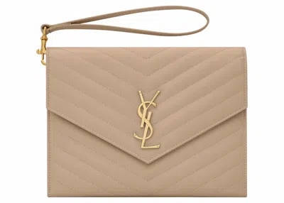 Pre-owned Saint Laurent Women's  Cassandre Matelasse Flap Pouch In Quilted Embossed Leather In Dark Beige