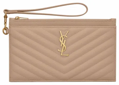 Pre-owned Saint Laurent Women's  Cassandre Matelasse Large Bill Pouch In Quilted Embossed Leather In Dark Beige