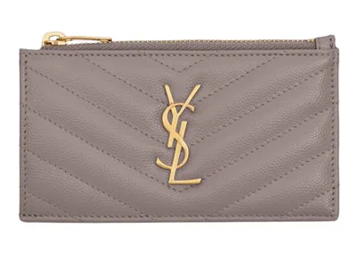 Pre-owned Saint Laurent Women's  Cassandre Matelasse Zipped Fragments Card Case De Poudre Embossed In Fog