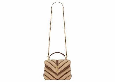 Pre-owned Saint Laurent Women's  College Chain Bag In Suede And Shearling Medium In Natural Beige/dark Cigar