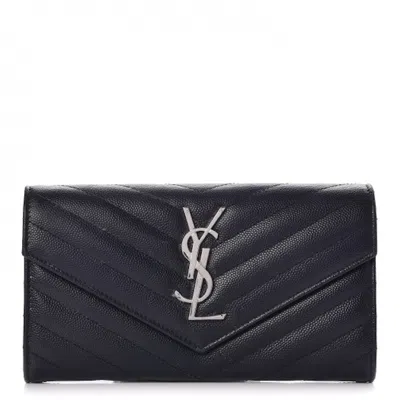 Pre-owned Saint Laurent Women's  College Flap Wallet Matelasse Large In Navy Blue