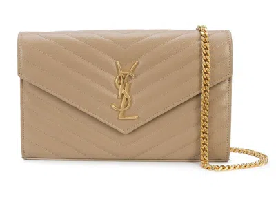 Pre-owned Saint Laurent Women's  Envelope Chain Wallet Grain De Poudre Goldtone In Powder