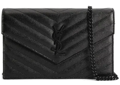 Pre-owned Saint Laurent Women's  Envelope Chain Wallet Grain De Poudre In Black