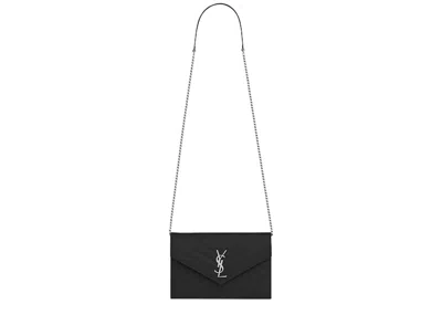 Pre-owned Saint Laurent Women's  Envelope Chain Wallet Grain De Poudre Silvertone In Black