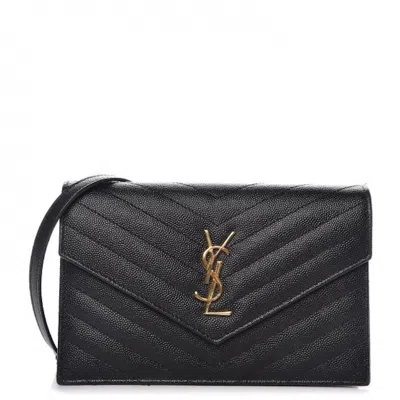 Pre-owned Saint Laurent Women's  Envelope Chain Wallet Matelasse Chevron Grain De Poudre In Black