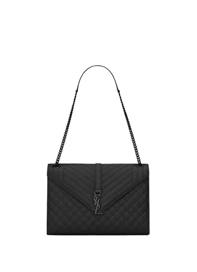 Pre-owned Saint Laurent Women's  Envelope Grain De Poudre Embossed Leather Mix Matelasse Large In Black
