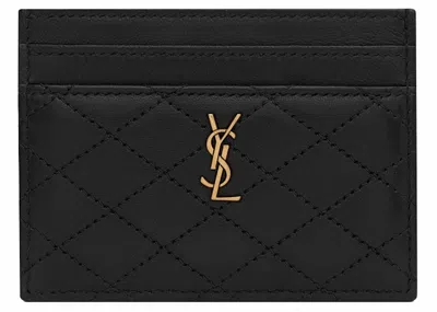Pre-owned Saint Laurent Women's  Gaby Card Case In Quilted Lambskin In Noir