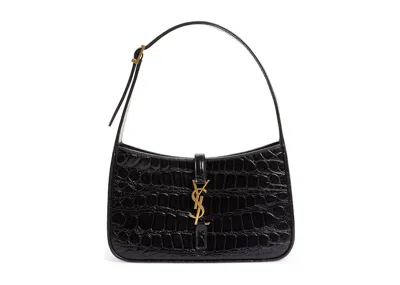 Pre-owned Saint Laurent Women's  Le 5 A 7 Croc Embossed Leather Hobo In Black