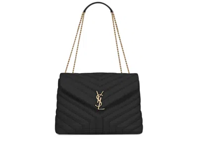 Pre-owned Saint Laurent Women's  Loulou Bag Matelasse Y Leather Goldtone Medium In Black