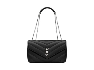 Pre-owned Saint Laurent Women's  Loulou Medium In Pelle Di Agnello Trapuntata Silvertone In Black